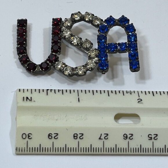 VTG USA Patriotic Brooch Red Clear Blue Prong Set Rhinestones Hat Vest Pin 2"x1" - Picture 9 of 11